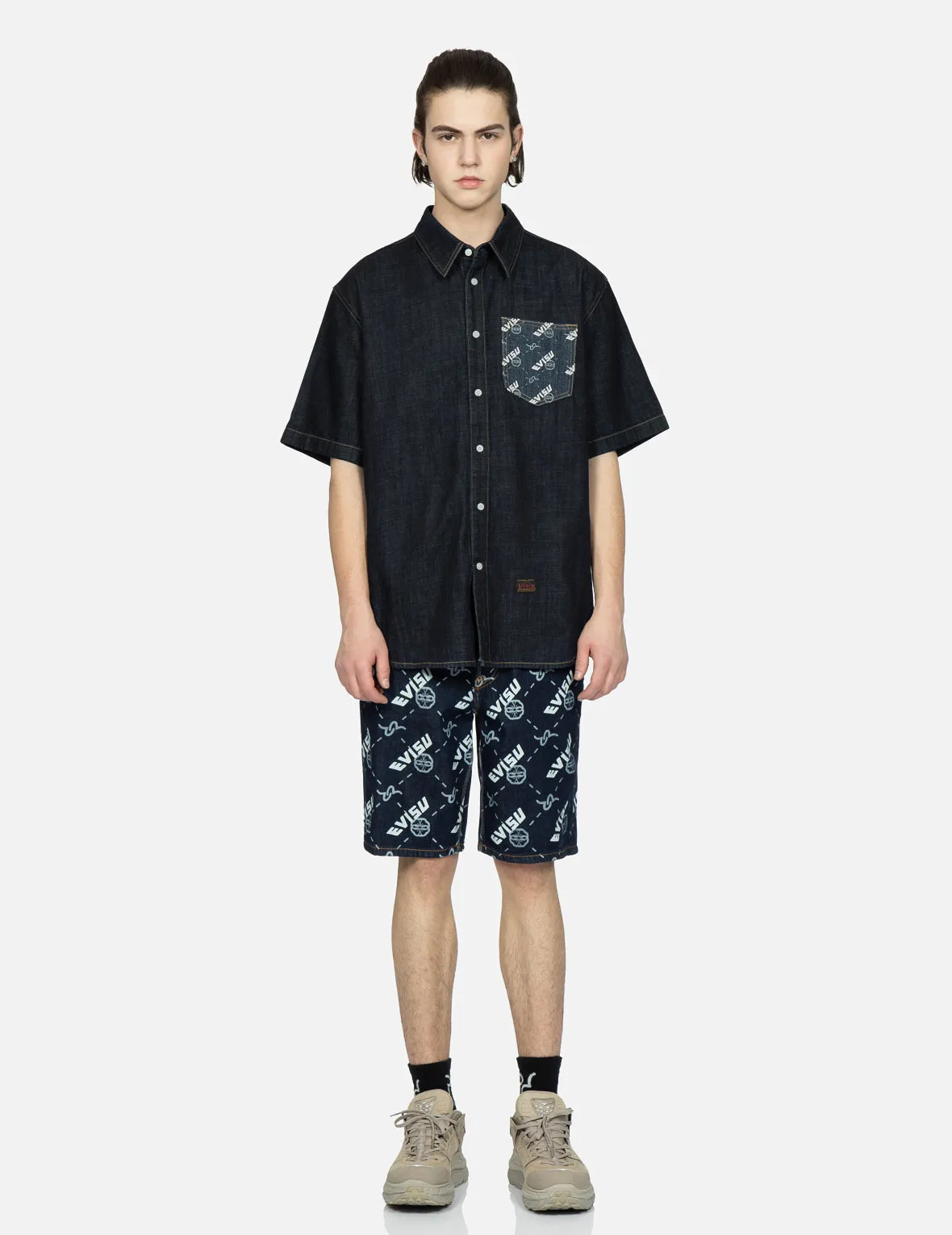 Godhead and Kamon Print Denim Shirt