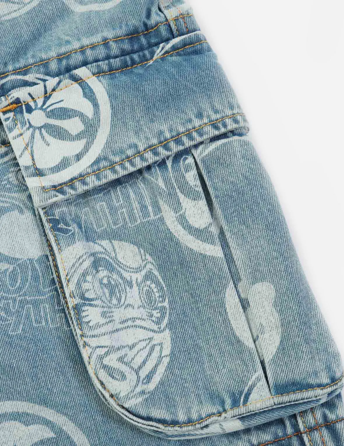 Graffiti Daruma and Kamon Discharged Print Denim Cargo Shorts