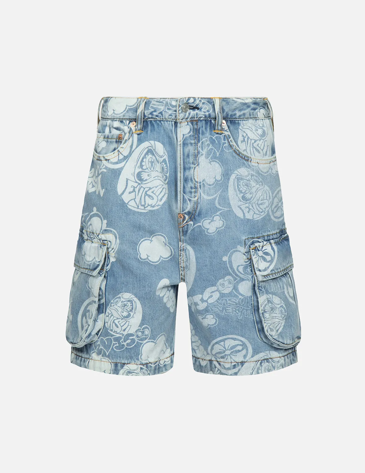 Graffiti Daruma and Kamon Discharged Print Denim Cargo Shorts