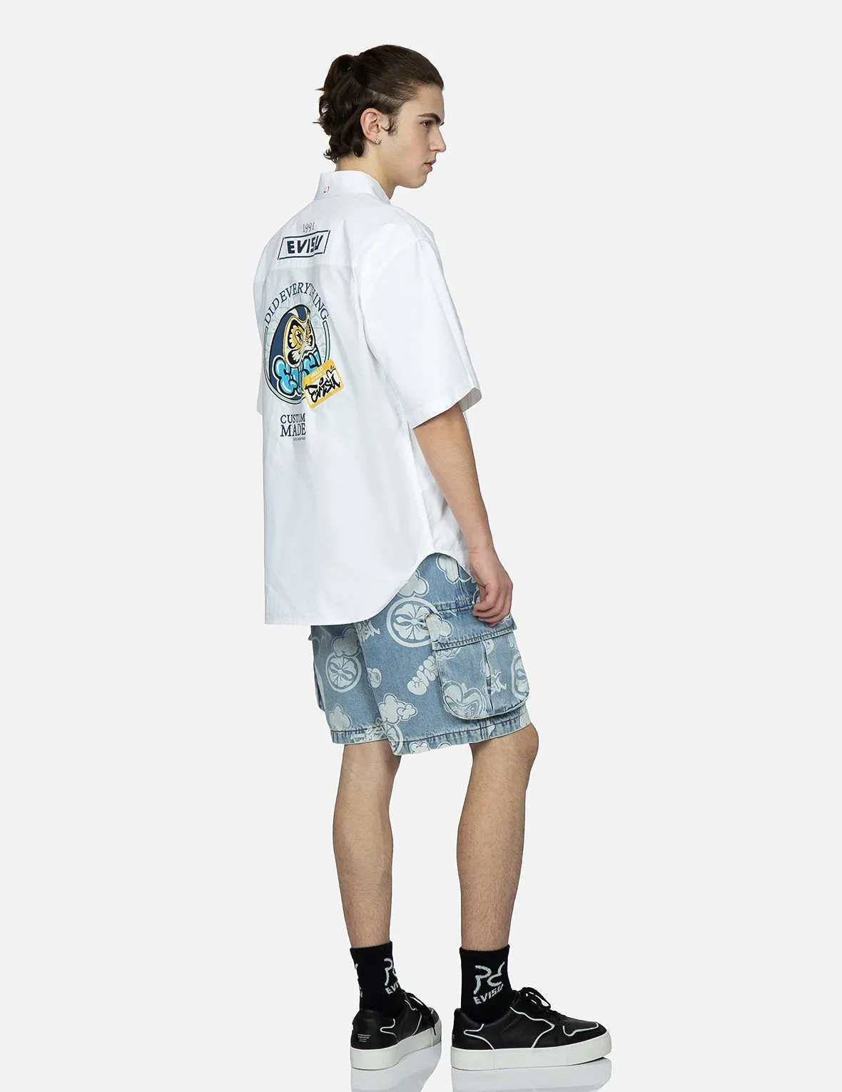 Graffiti Daruma and Kamon Discharged Print Denim Cargo Shorts