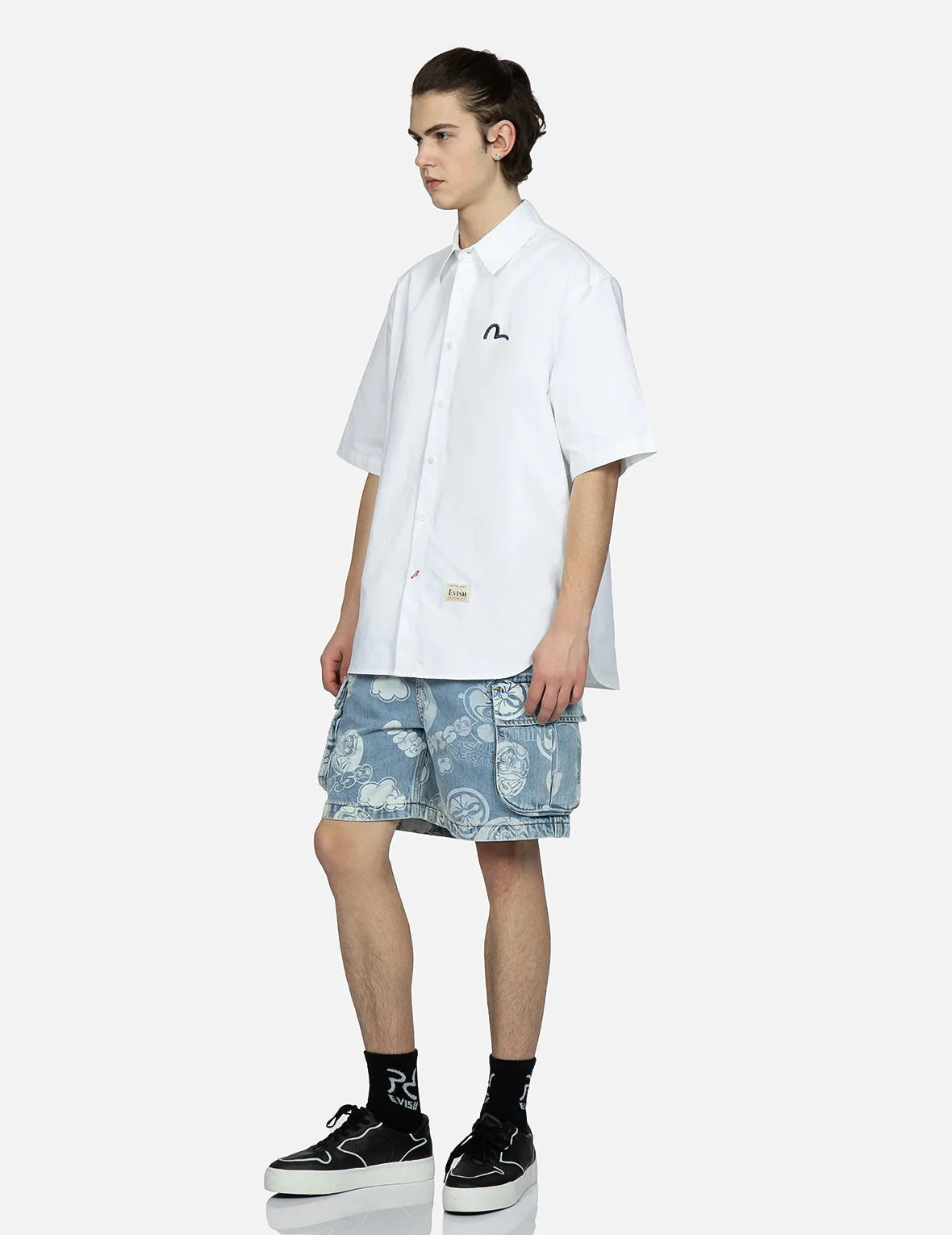 Graffiti Daruma and Kamon Discharged Print Denim Cargo Shorts