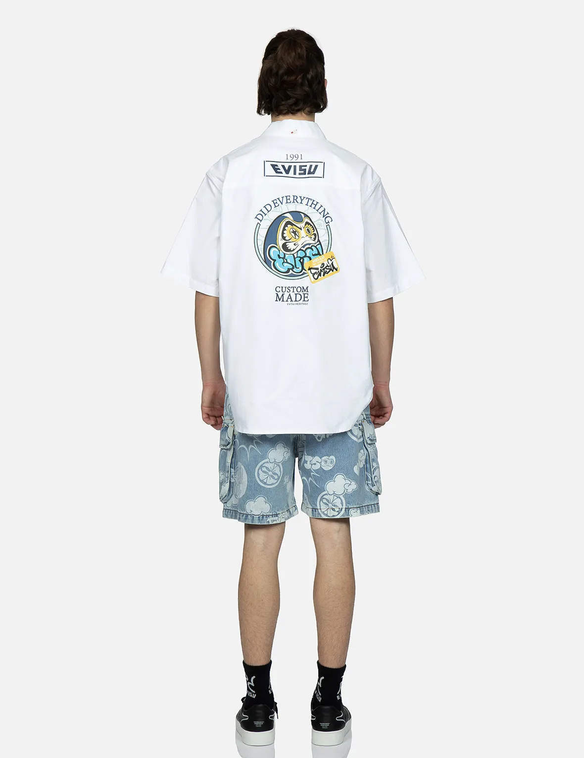 Graffiti Daruma and Kamon Discharged Print Denim Cargo Shorts