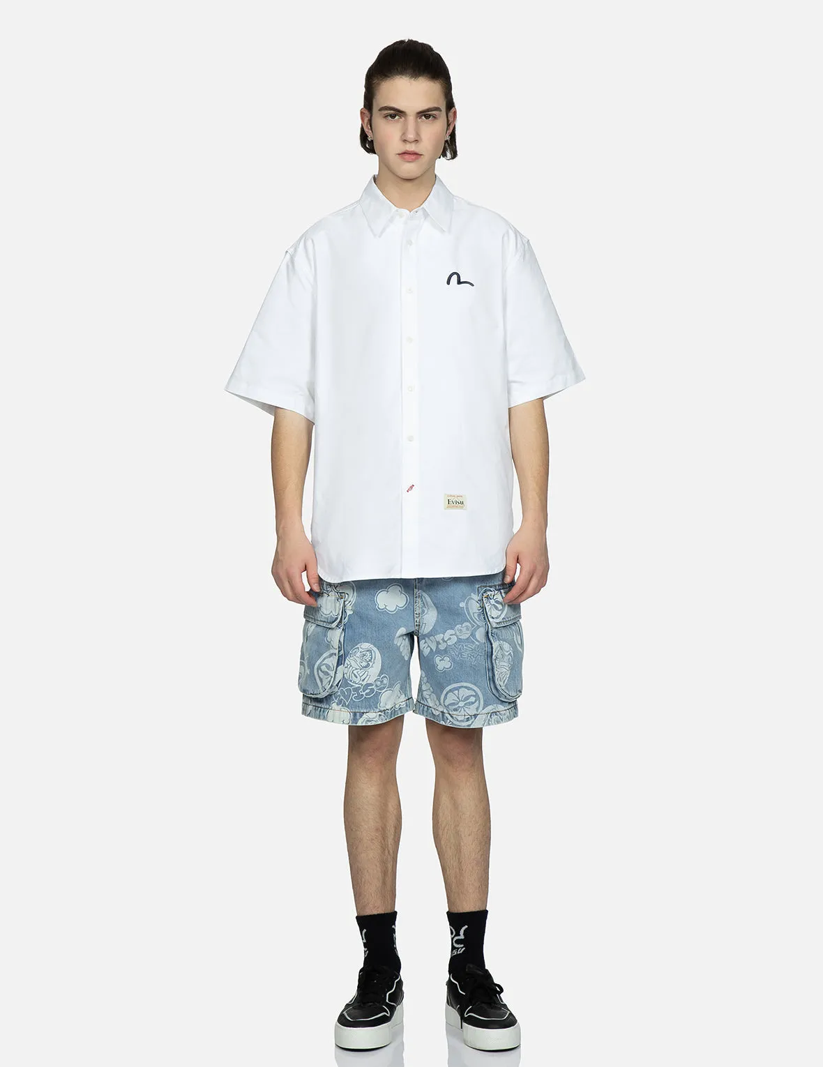 Graffiti Daruma and Kamon Discharged Print Denim Cargo Shorts