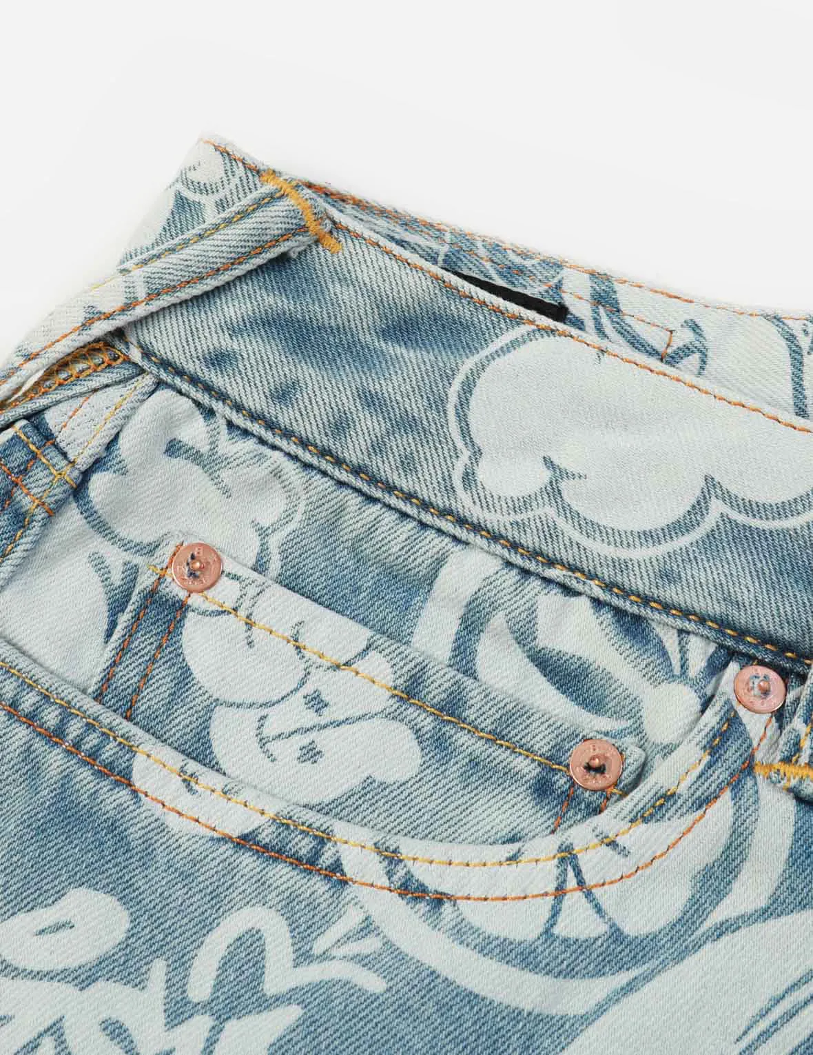 Graffiti Daruma and Kamon Discharged Print Denim Cargo Shorts