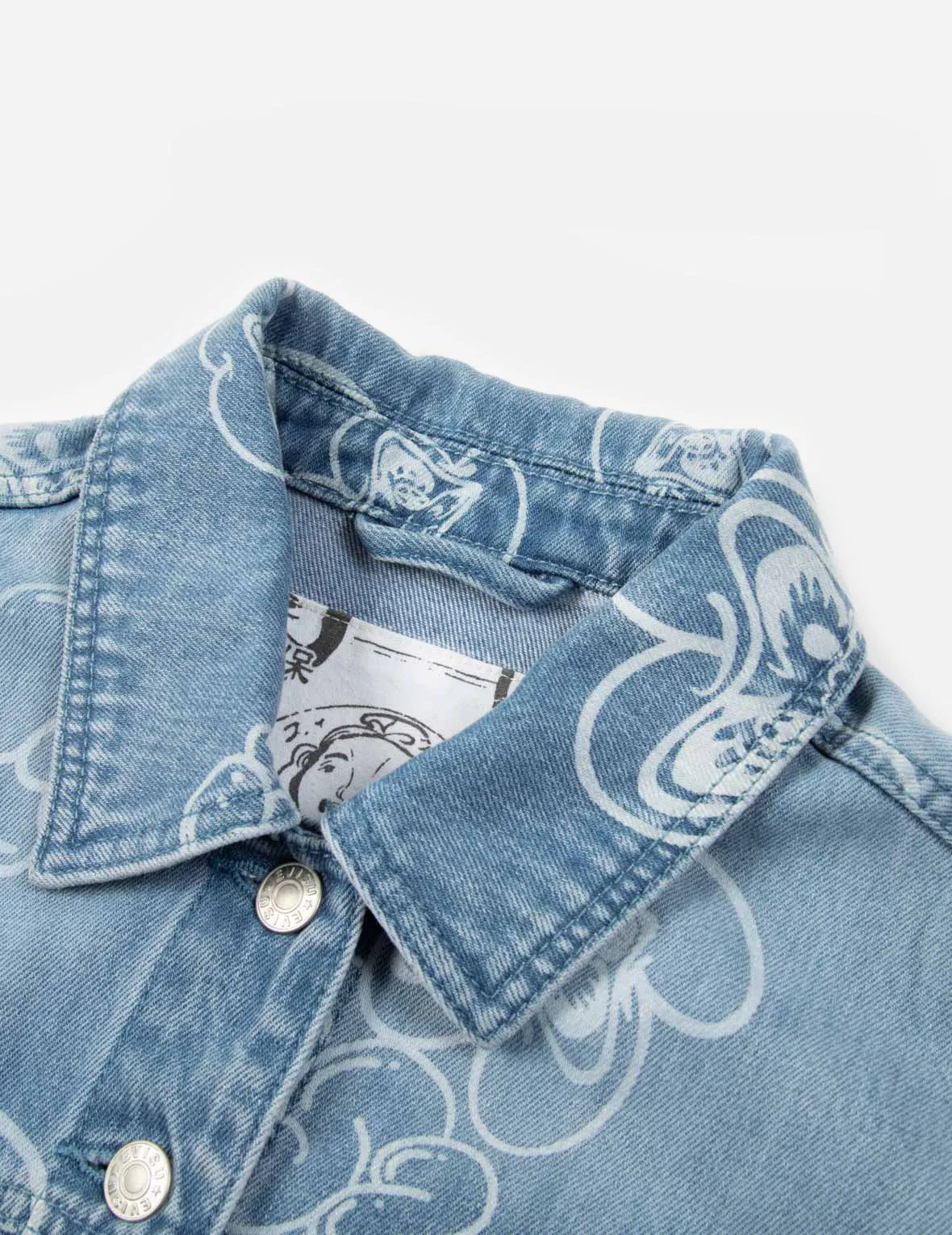 Graffiti Daruma and Logo Allover Discharged Print Denim Jacket