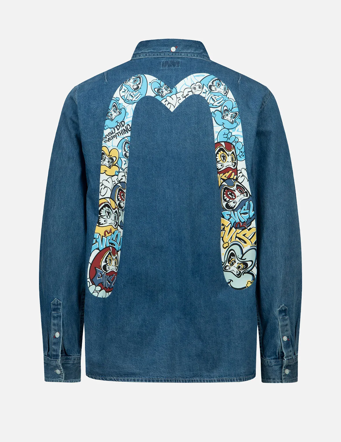 Graffiti Daruma Daicock Print Denim Shirt