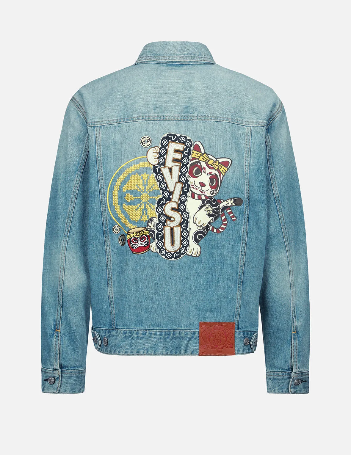 Kamon and Fortune Cat Embroidery Denim Jacket