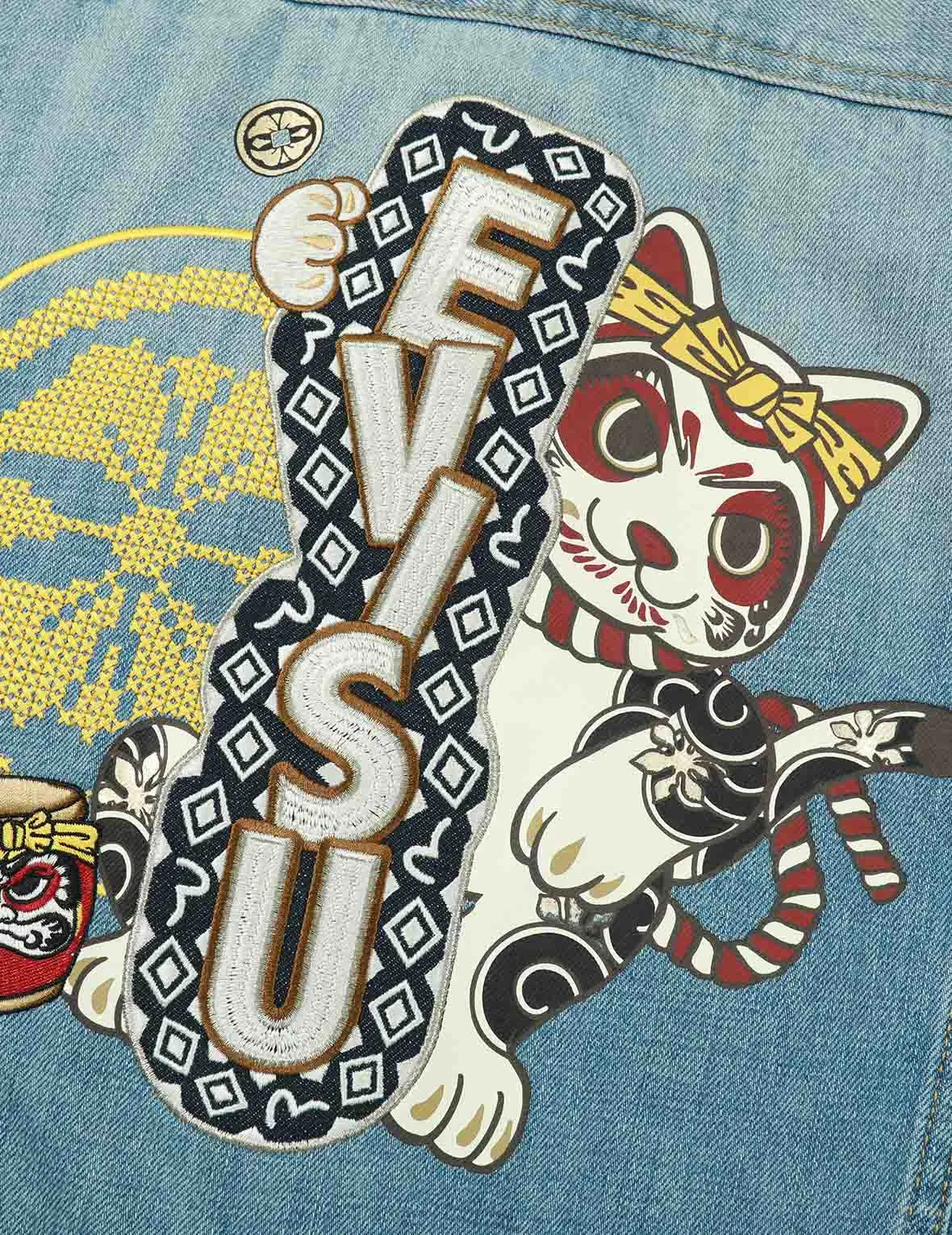 Kamon and Fortune Cat Embroidery Denim Jacket