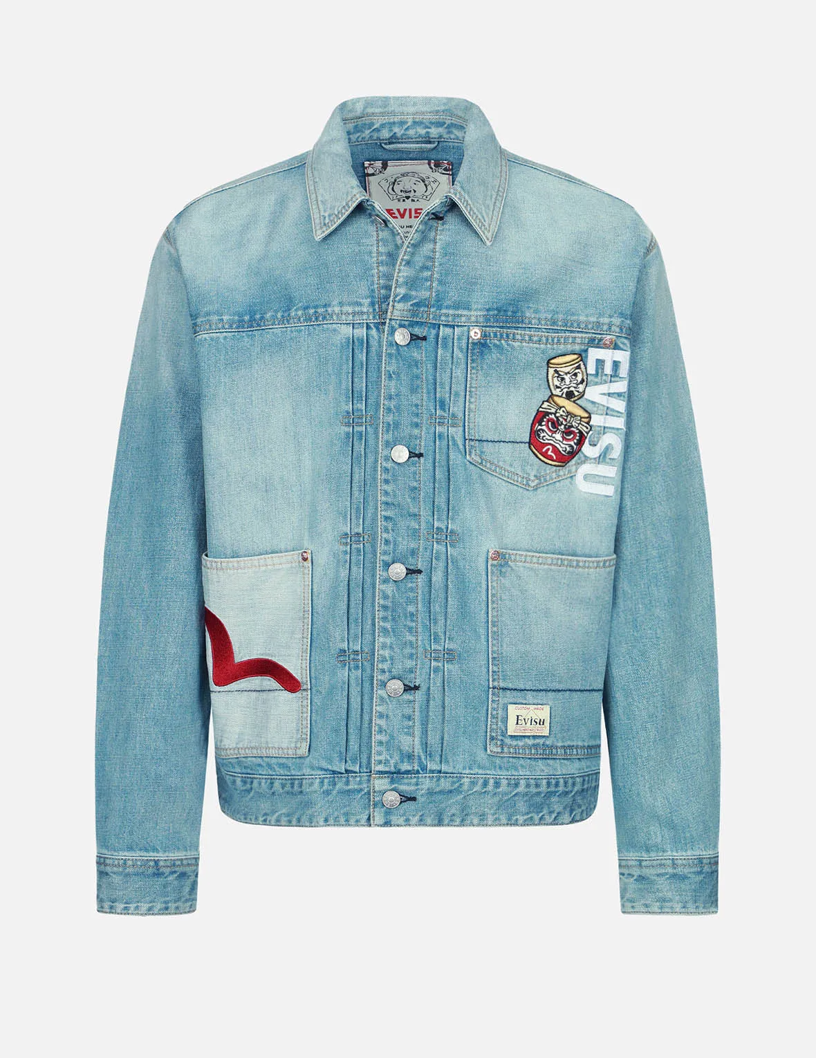 Kamon and Fortune Cat Embroidery Denim Jacket