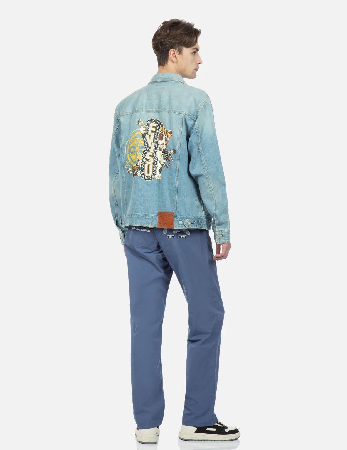 Kamon and Fortune Cat Embroidery Denim Jacket