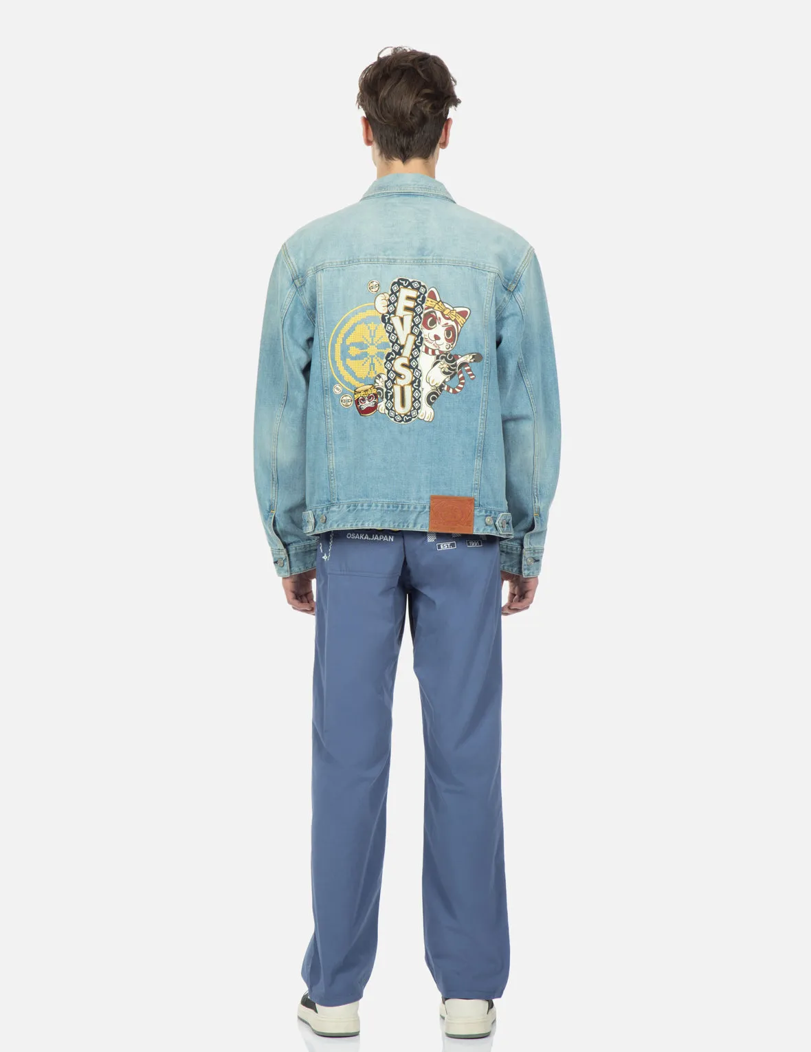 Kamon and Fortune Cat Embroidery Denim Jacket