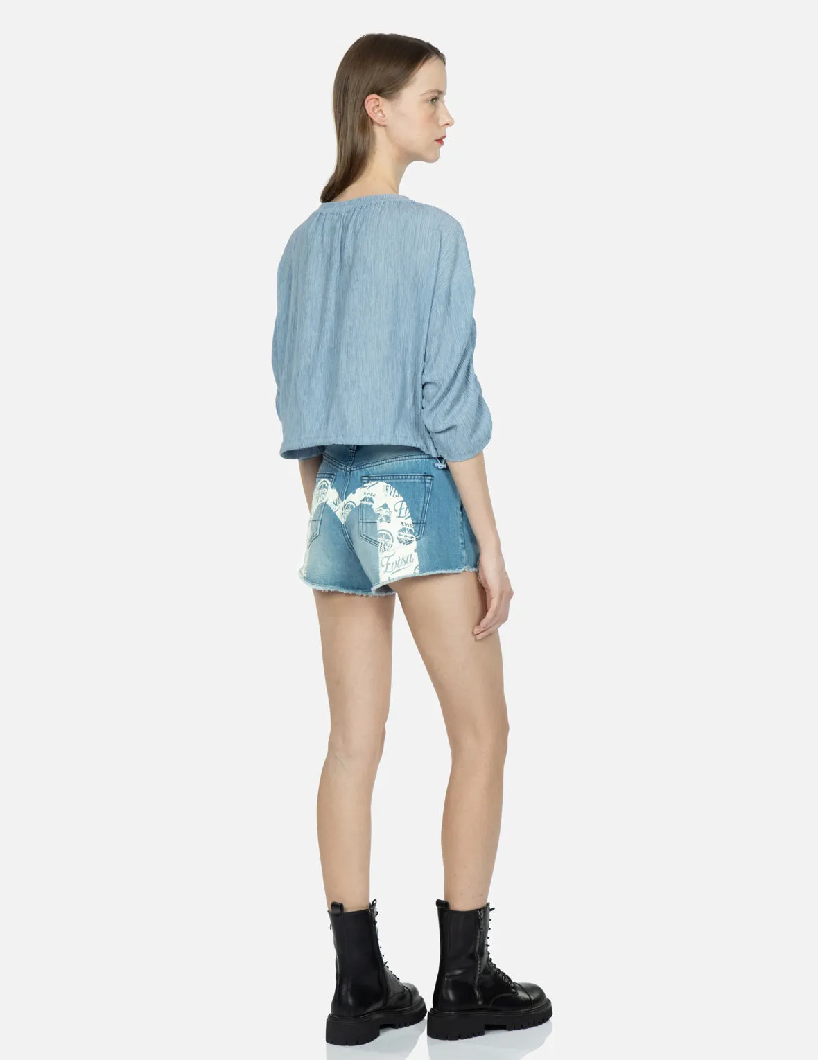 Kamon and Godhead-pattern Daicock Print Denim Shorts