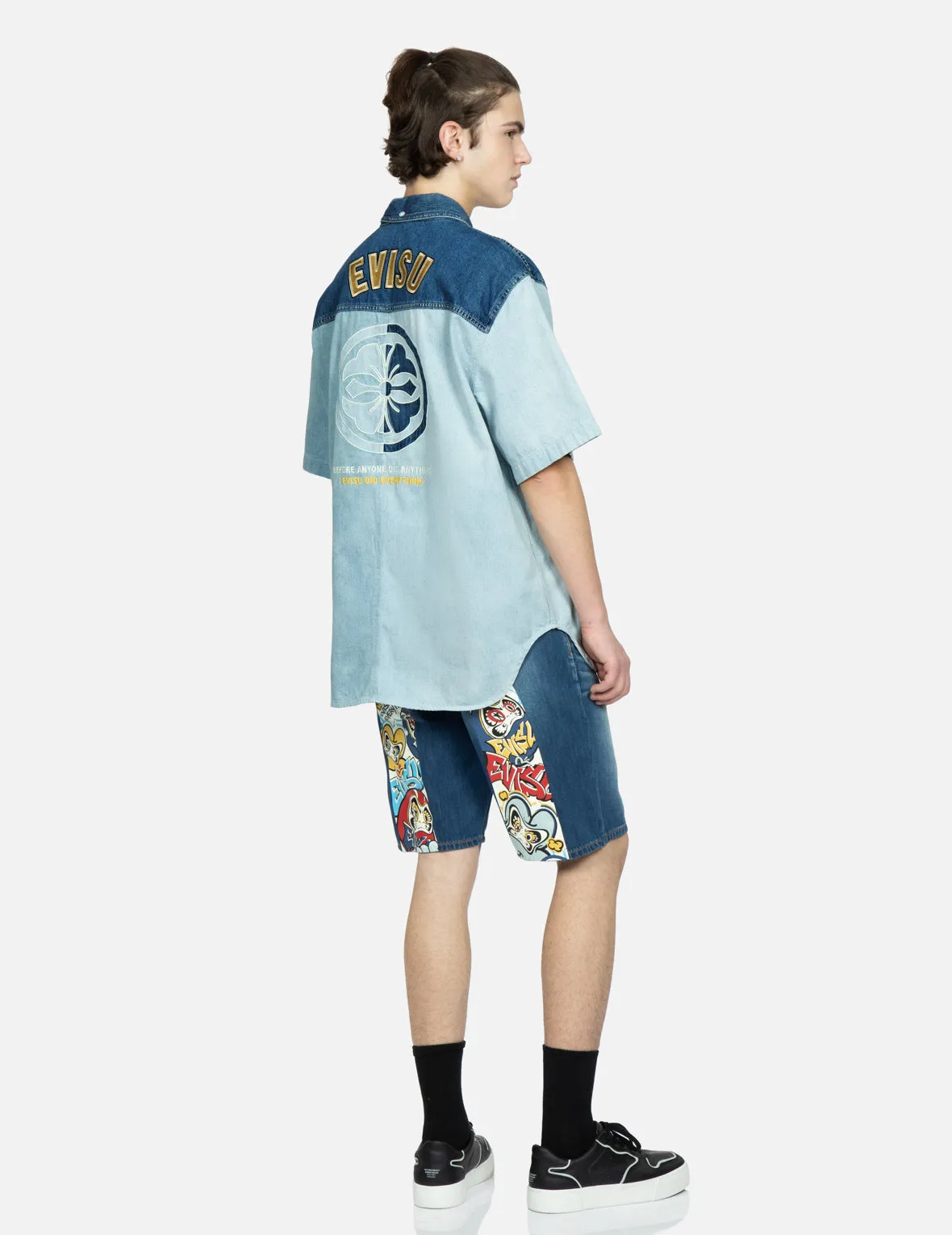 Kamon Appliqué Fabric Blocking Denim Shirt