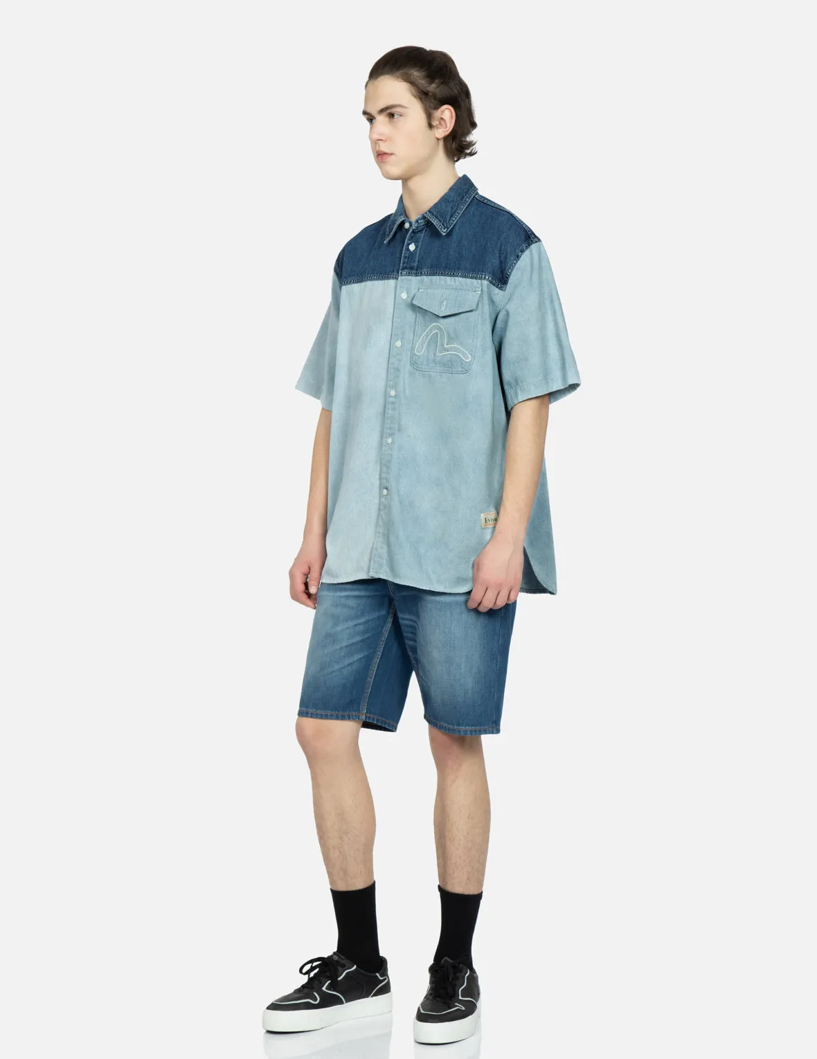 Kamon Appliqué Fabric Blocking Denim Shirt