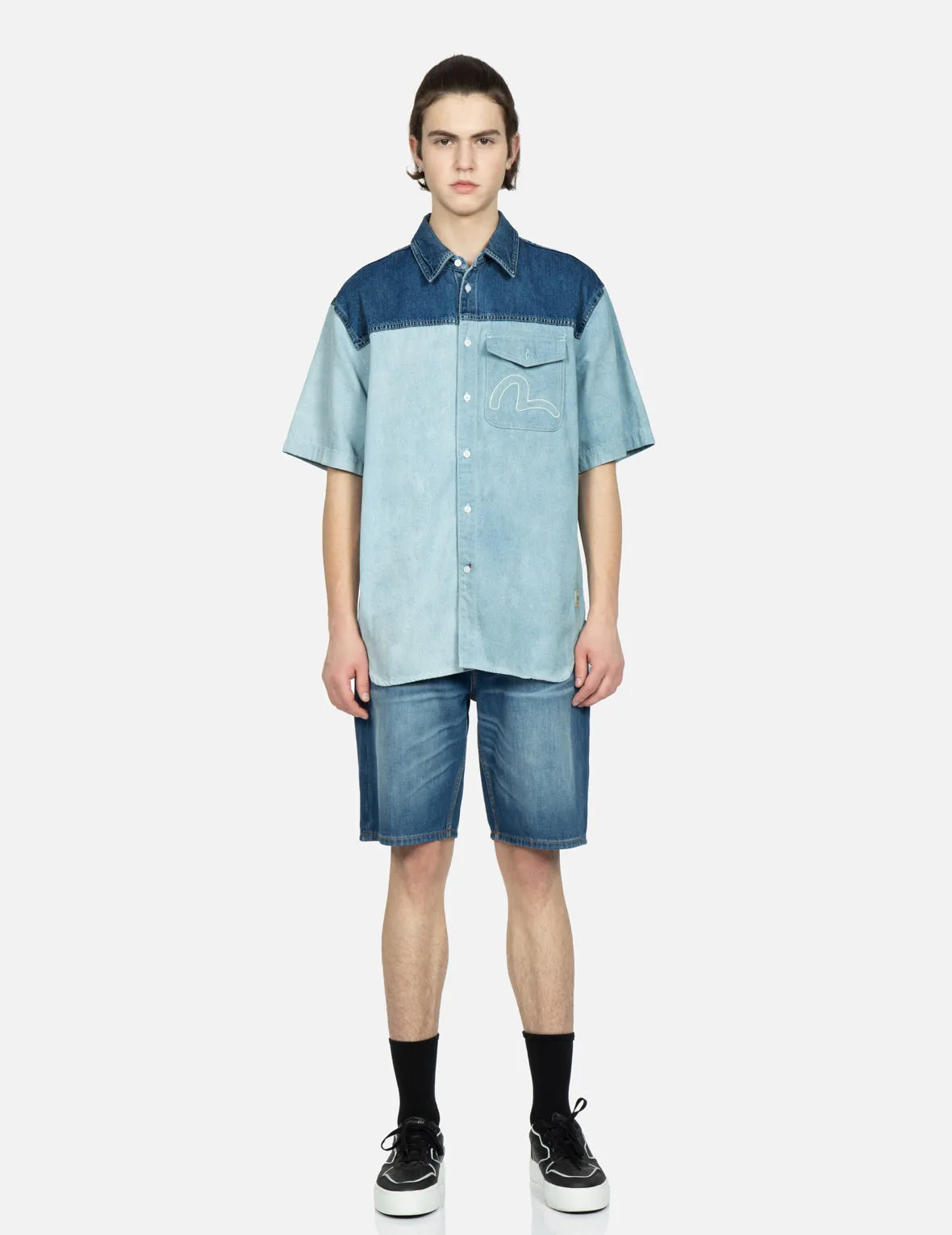 Kamon Appliqué Fabric Blocking Denim Shirt