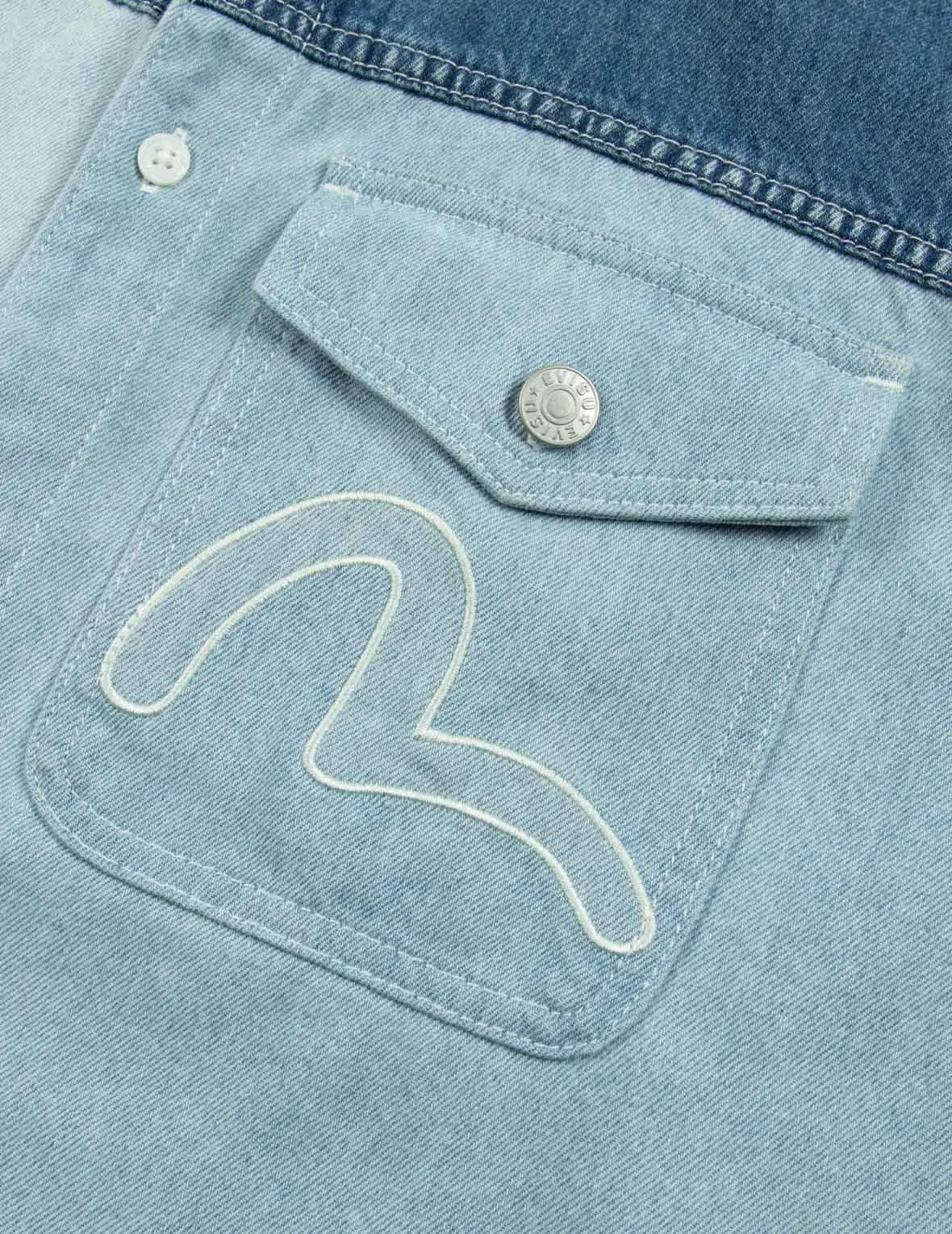 Kamon Appliqué Fabric Blocking Denim Shirt