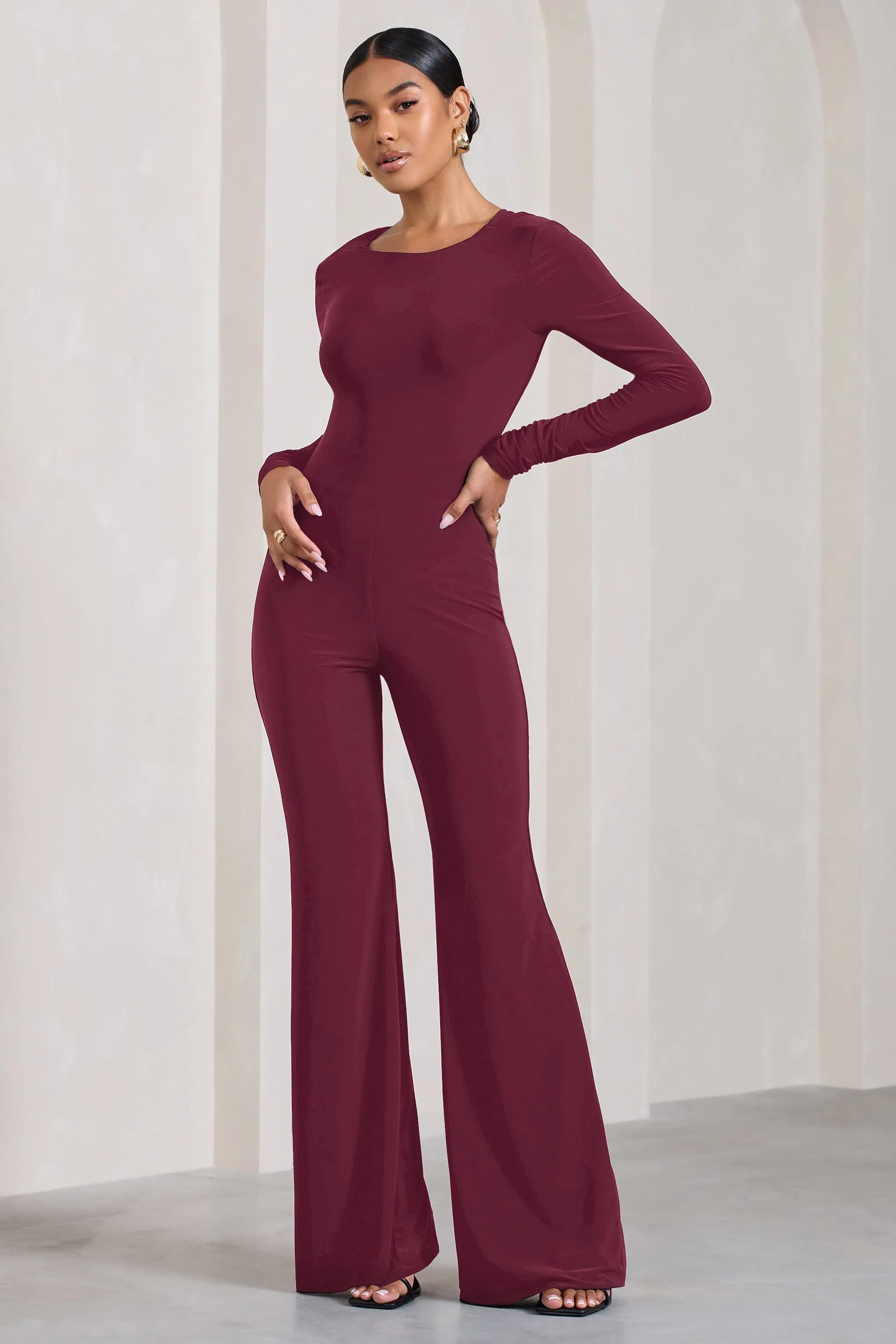 Lana | Burgundy Long-Sleeved Flared-Leg Jumpsuit