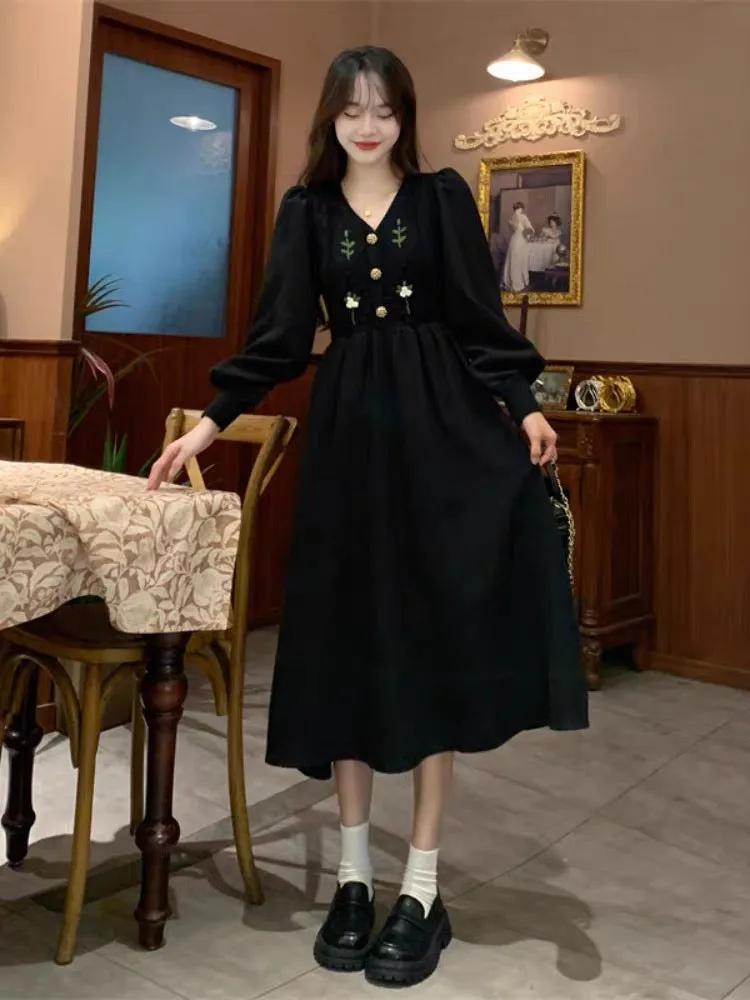 Large size French palace style dress autumn and winter fat mm slimming French corduroy stitching knitted skirt