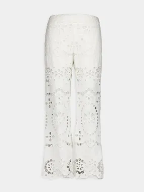 Lexi Embroidered White Eyelet Flared Trousers