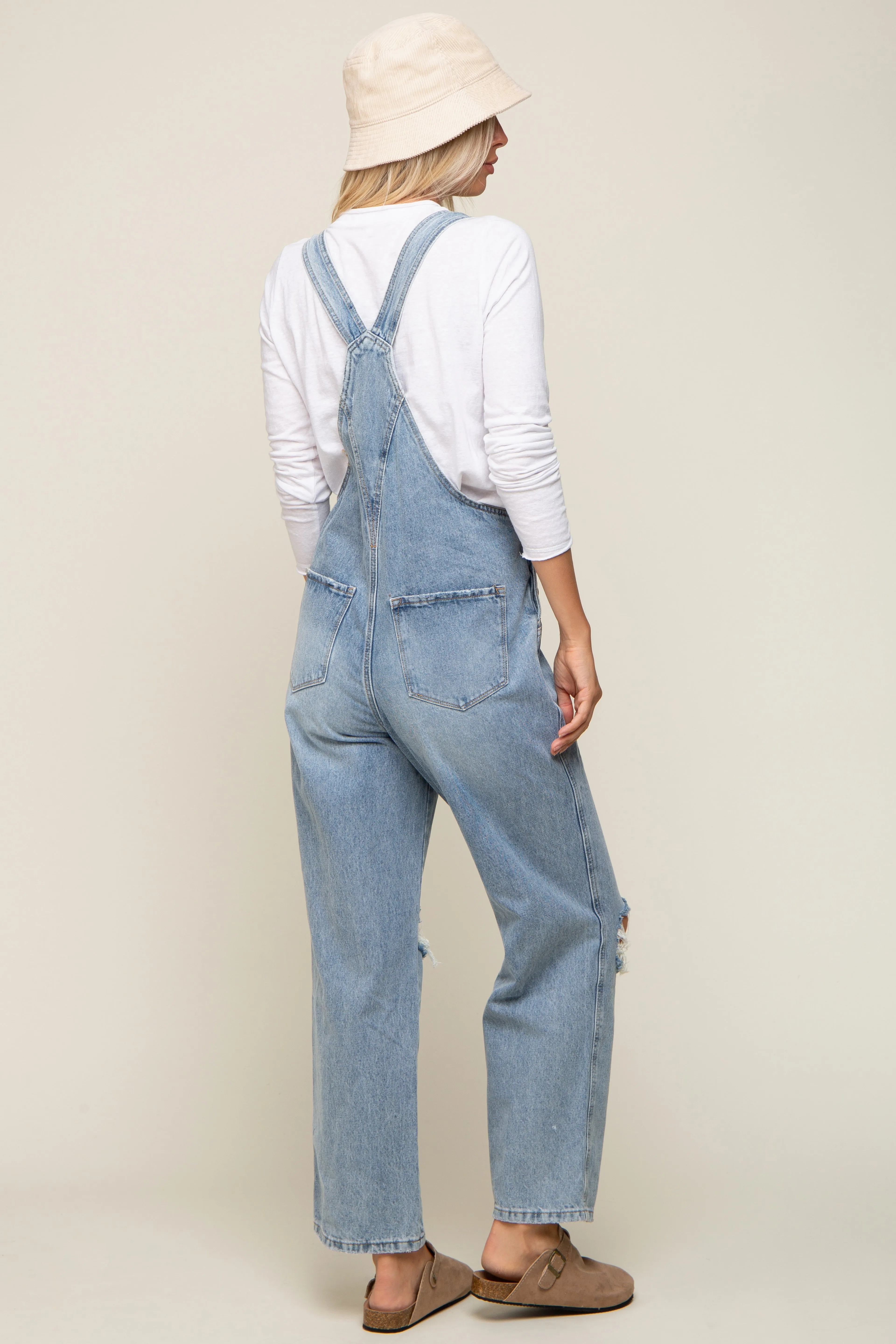 Light Wash Distressed Maternity Overalls