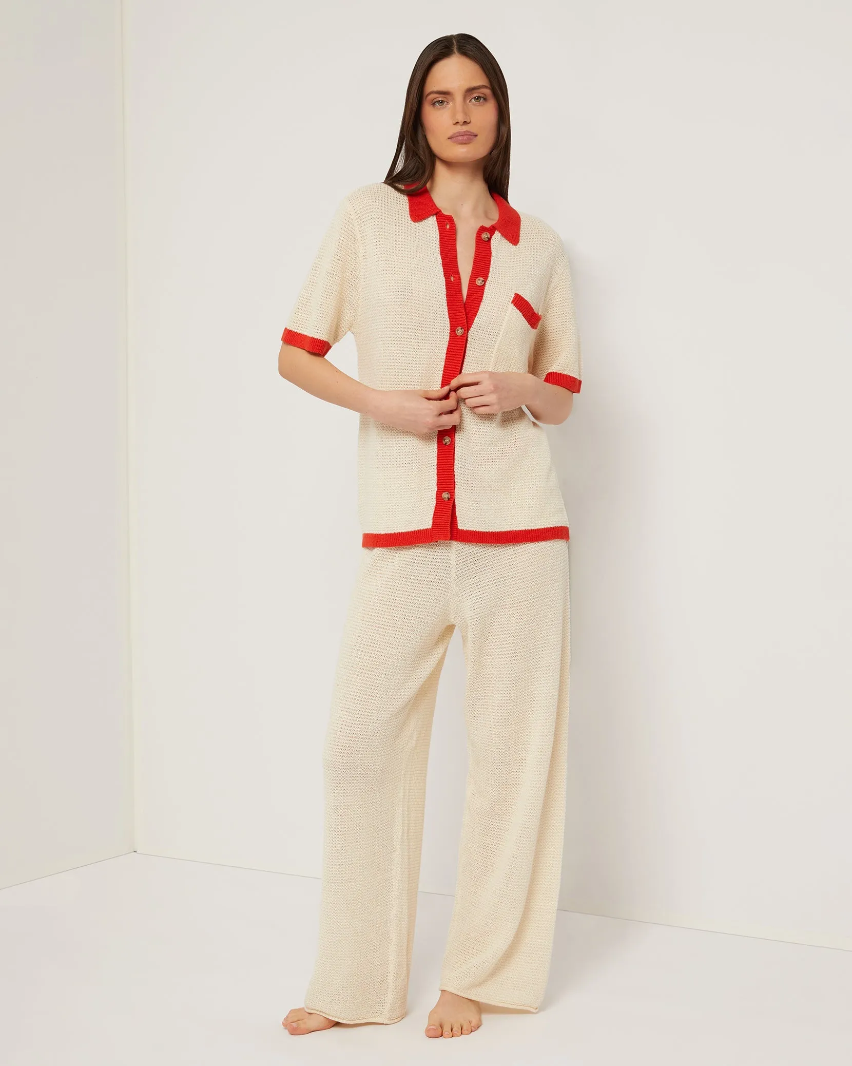 Linen Knit Drawstring Pant | Cream/Poinciana