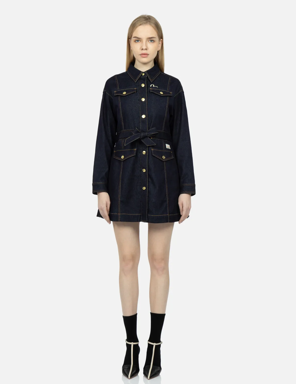 Logo Embroidery Denim Shirt Dress