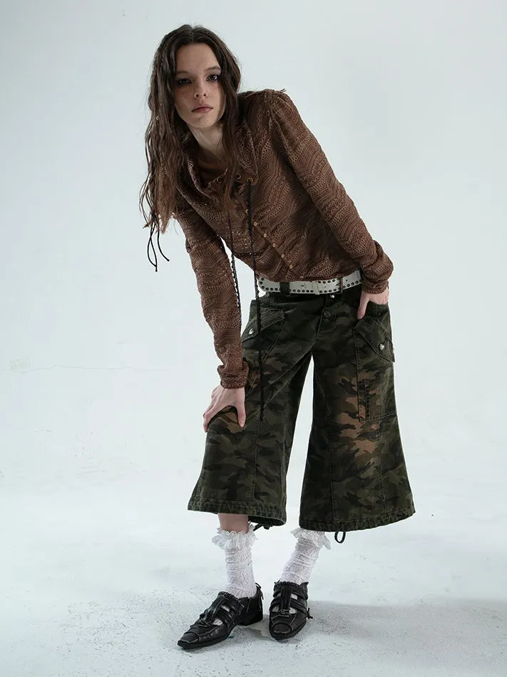 Low-waist Loose Camouflage Eight-quarter Flare Pants