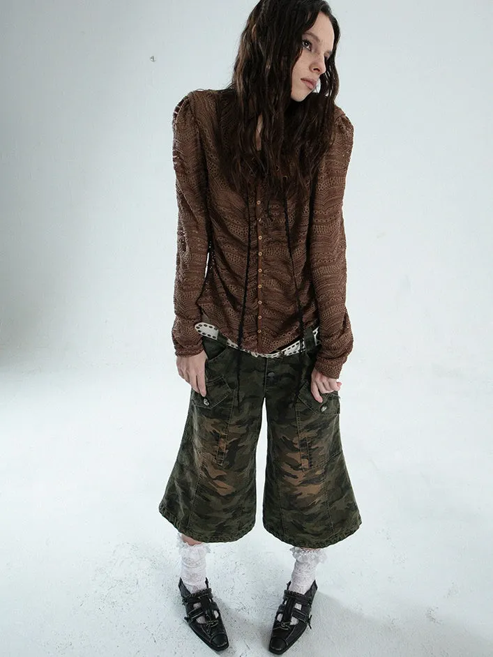 Low-waist Loose Camouflage Eight-quarter Flare Pants