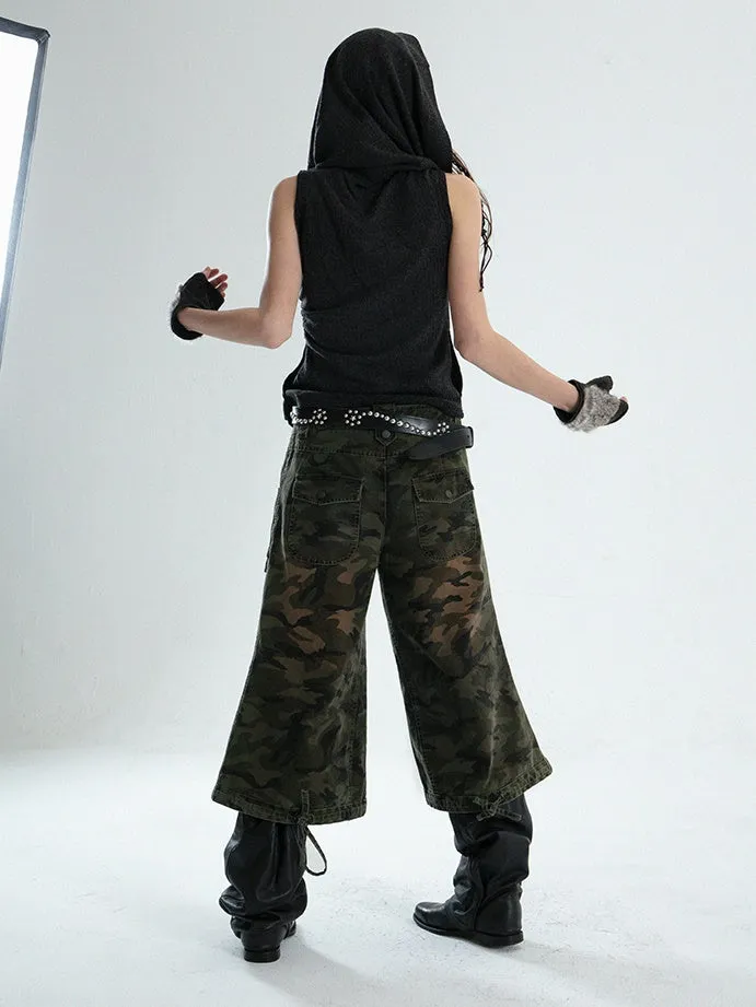 Low-waist Loose Camouflage Eight-quarter Flare Pants