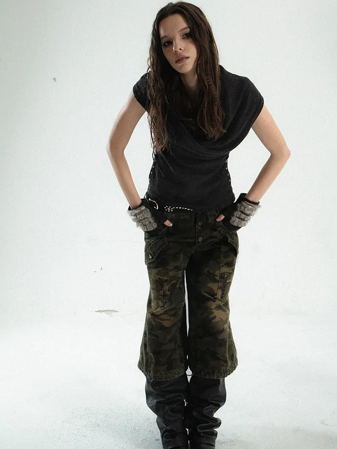 Low-waist Loose Camouflage Eight-quarter Flare Pants