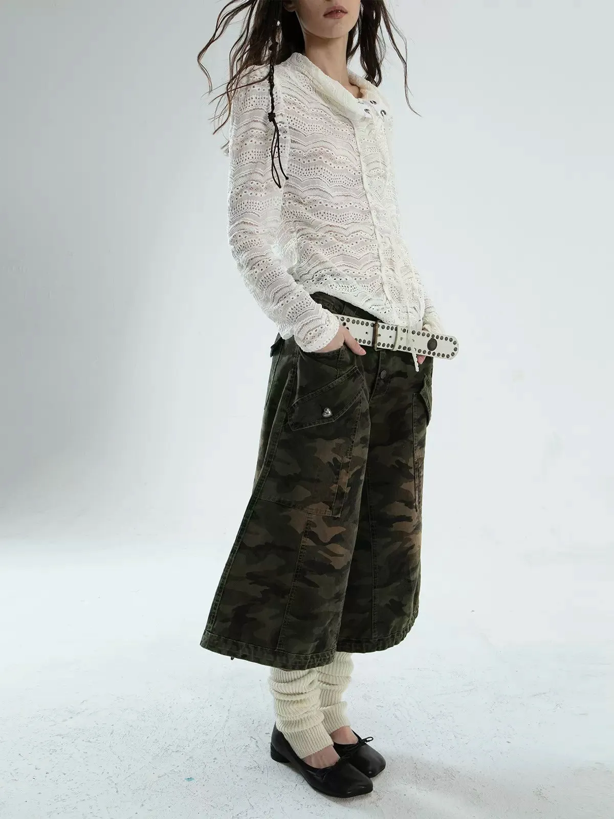 Low-waist Loose Camouflage Eight-quarter Flare Pants