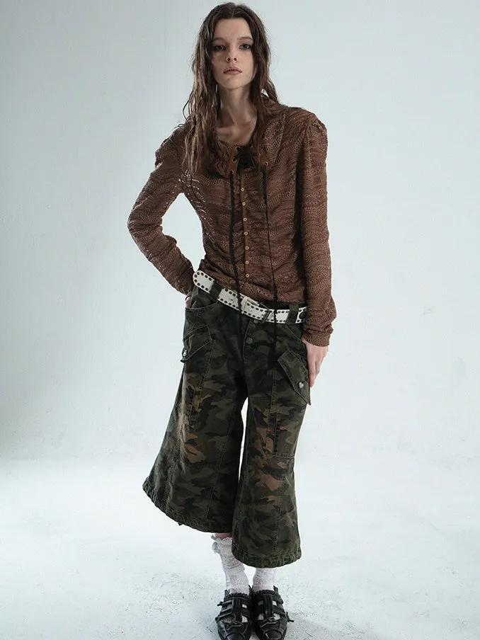 Low-waist Loose Camouflage Eight-quarter Flare Pants