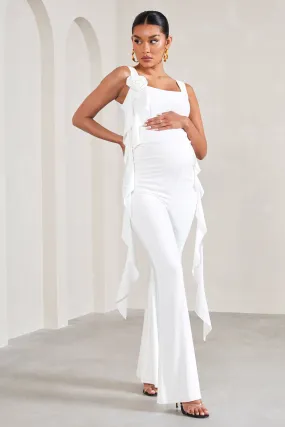 Magnolia | White Square-Neck Flared-leg Maternity Jumpsuit With Flowers