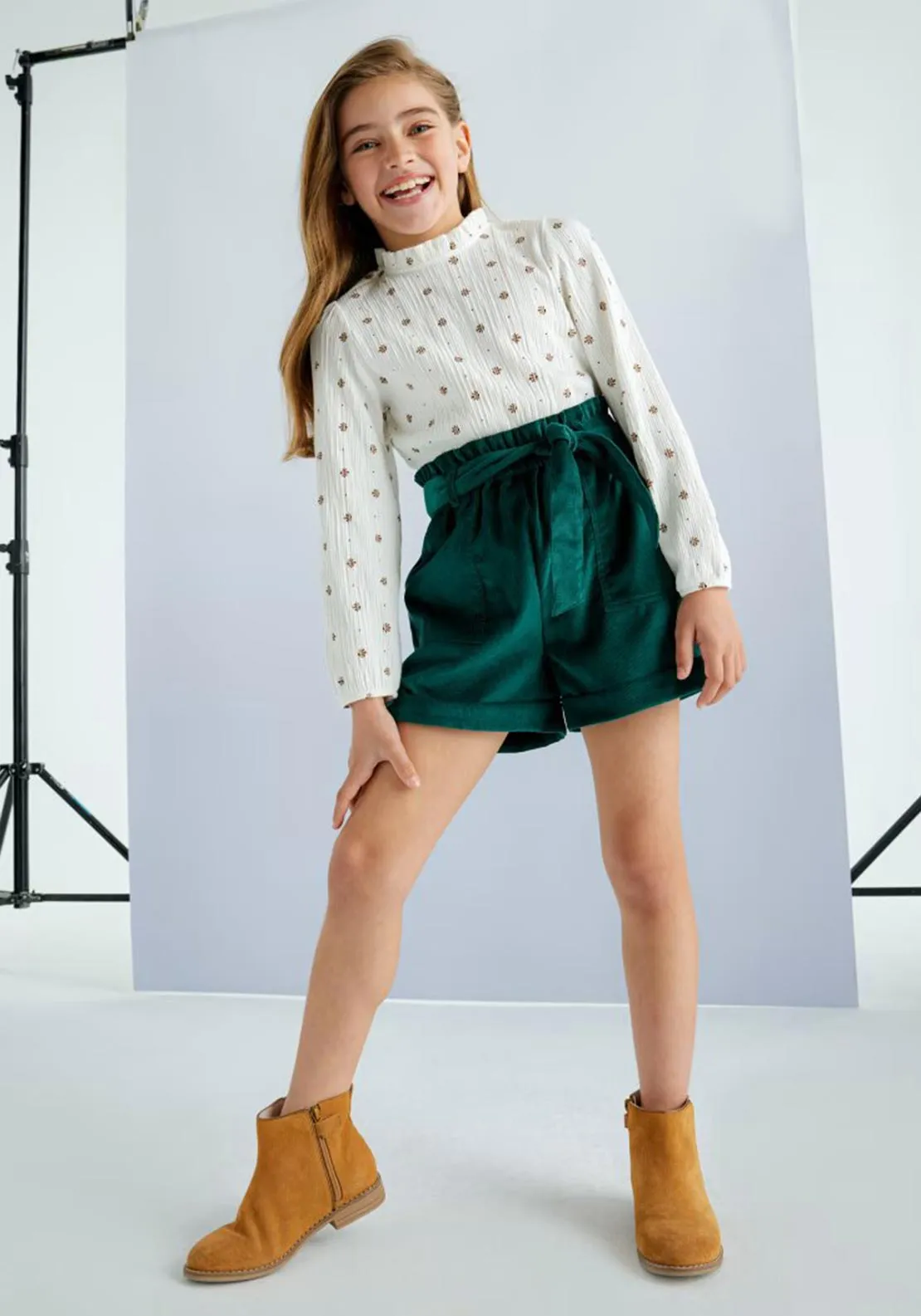 Mayoral Older Girl Corduroy Shorts, Green