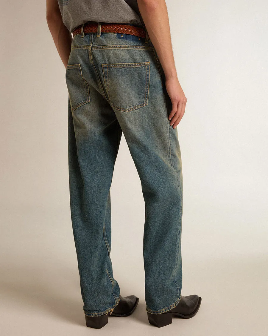 Medium Blue Dirty Wash Distressed Denim