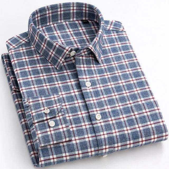 Men's Cotton Standard-fit Long Sleeve Square Collar Plaid Striped Shirt