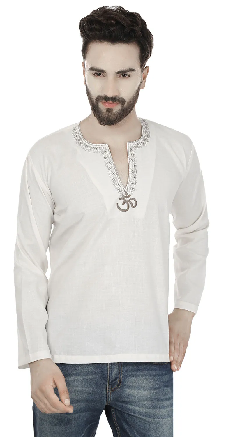 Men's Short Kurta OM Cotton Indian Traditional Clothes (Off-White)