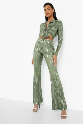 Metallic Plisse Flares