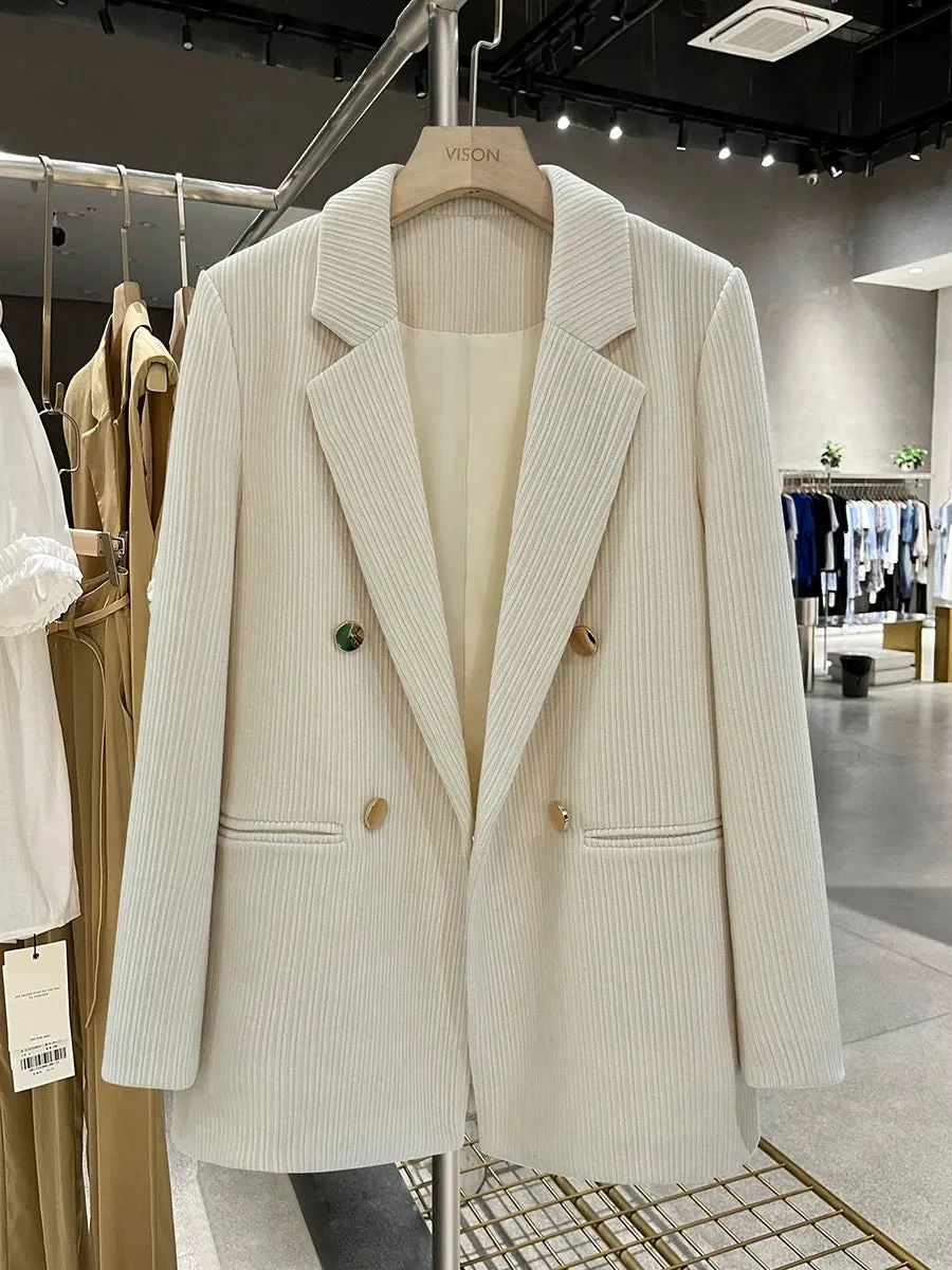 Milky white corduroy suit jacket for women 2023 new autumn and winter British style high-end casual professional suit