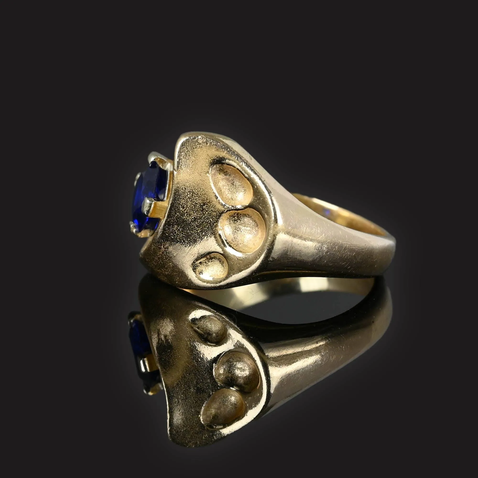 Modernist Heavy 14K Gold Sapphire Owl Ring