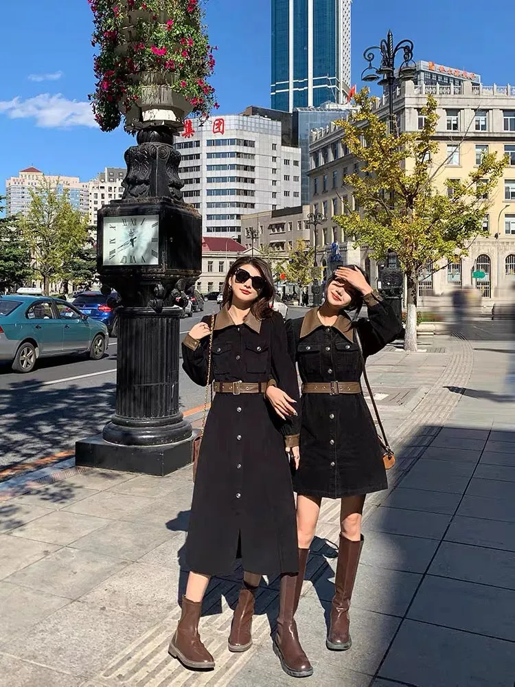 Mr. Zhang 2023 autumn and winter new slimming waist Yujie corduroy bestie skirt mid-length black dress for women (D435)