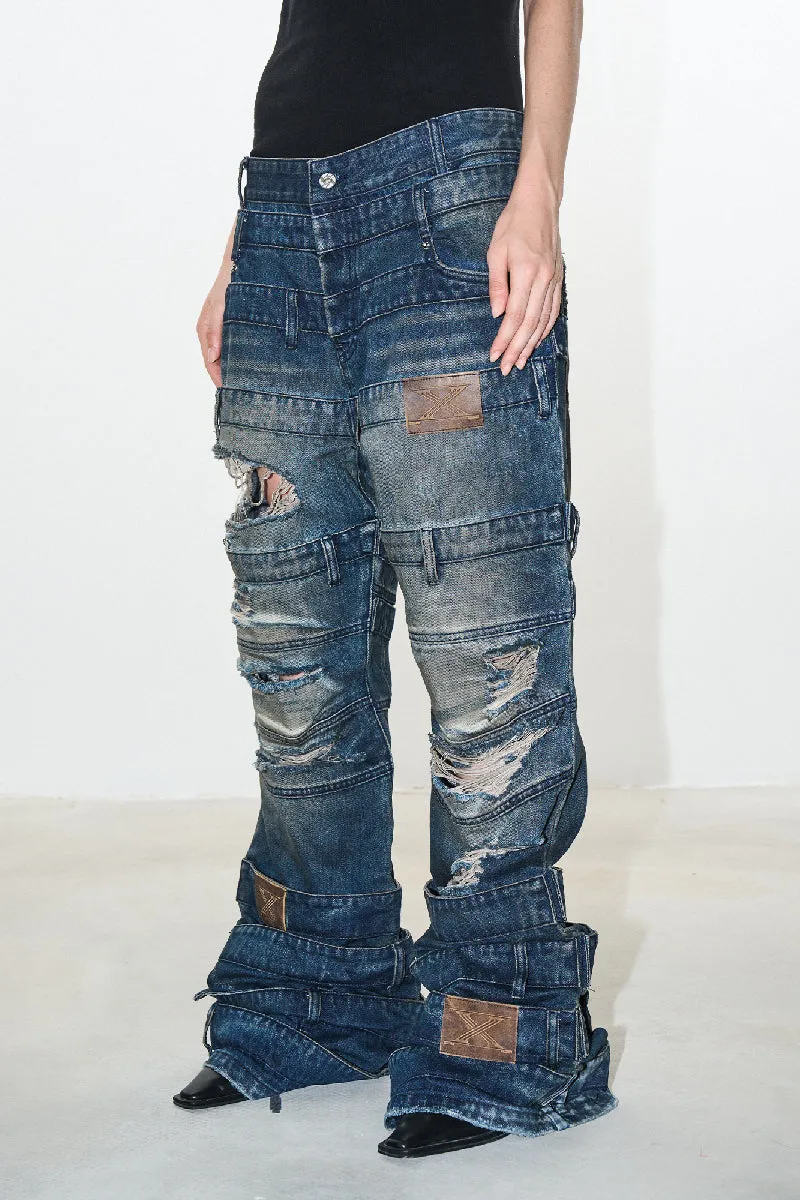 Multi-Waistband Distressed Flared Mud-Dye Jeans