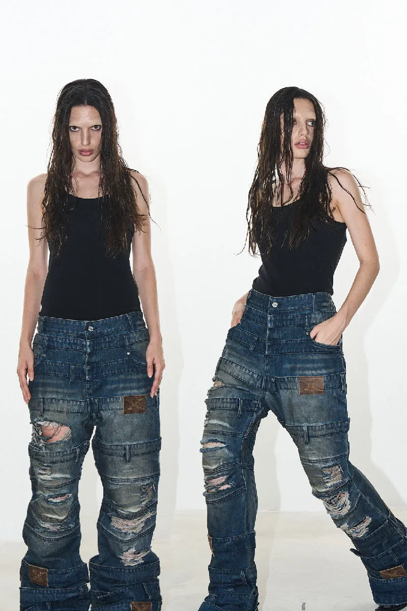 Multi-Waistband Distressed Flared Mud-Dye Jeans