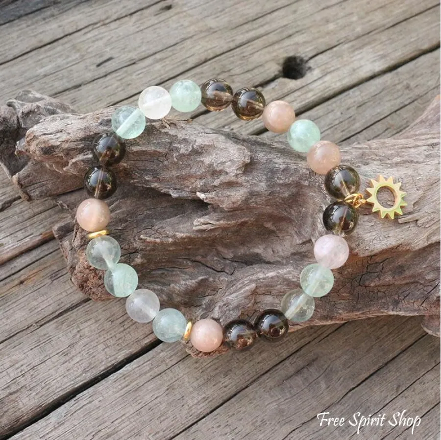 Natural Sunstone Fluorite & Smoky Quartz Bead Bracelet