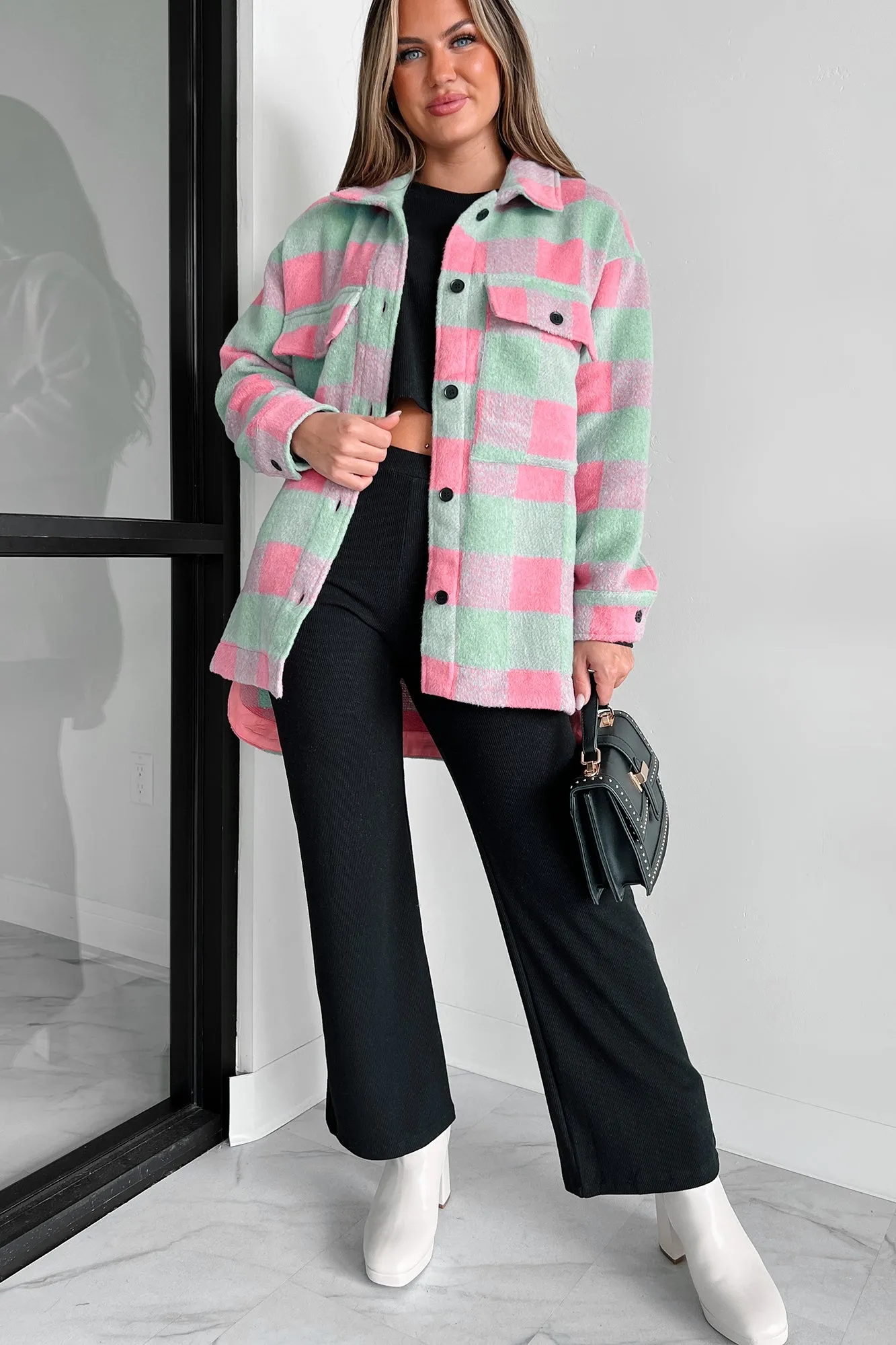 On Cloud Nine Long Plaid Shacket (Pink Multi)