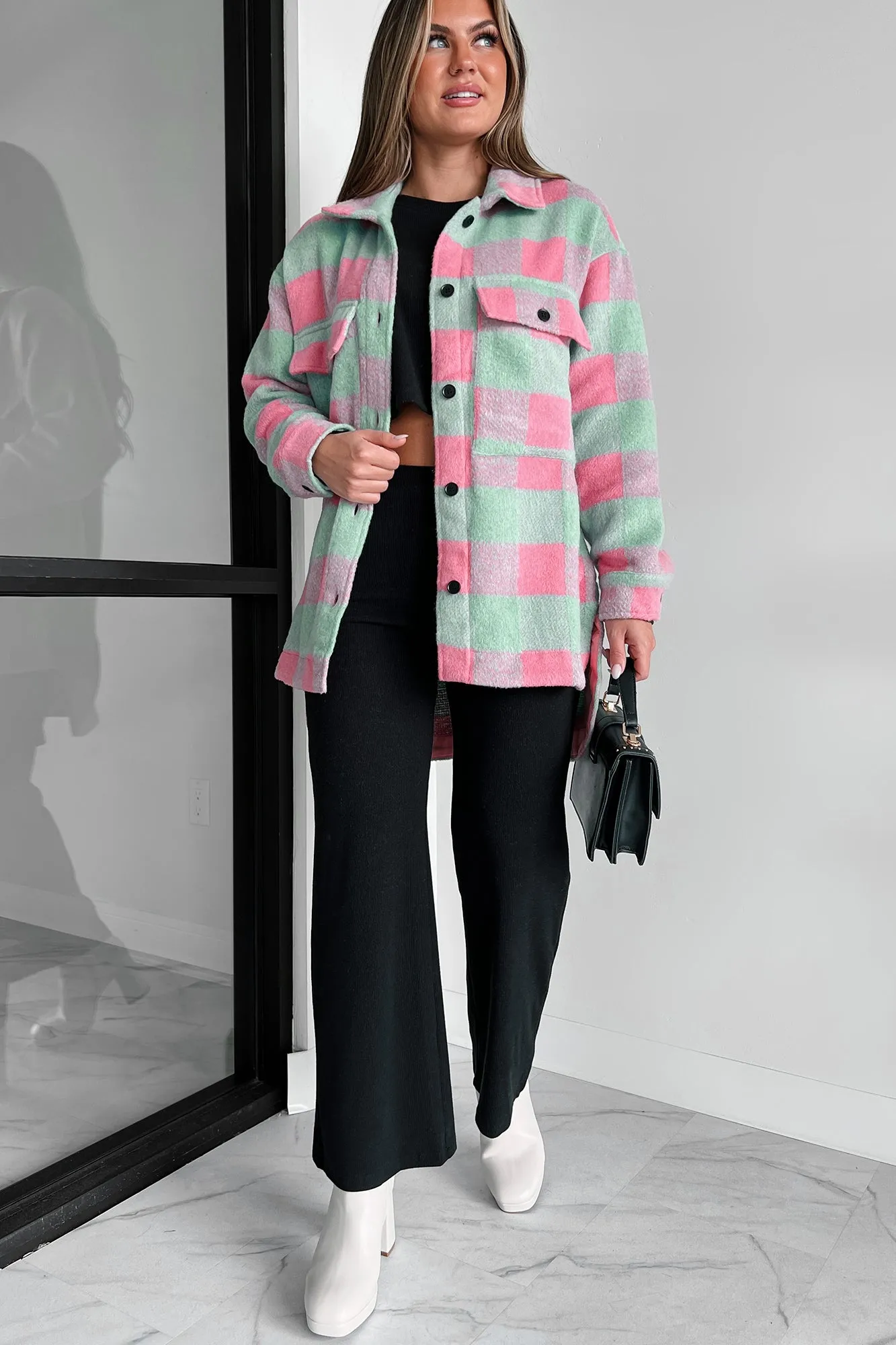 On Cloud Nine Long Plaid Shacket (Pink Multi)