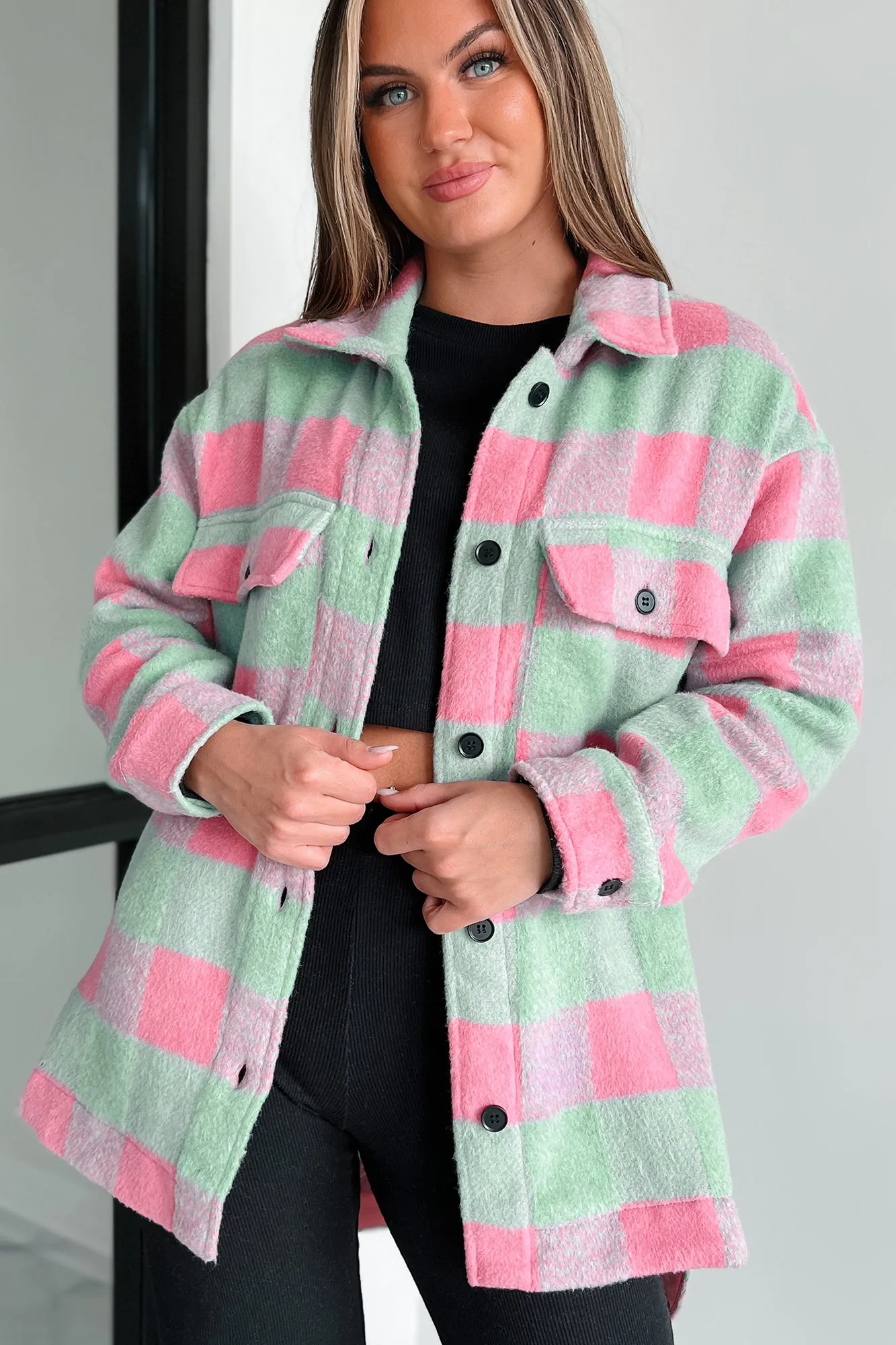 On Cloud Nine Long Plaid Shacket (Pink Multi)