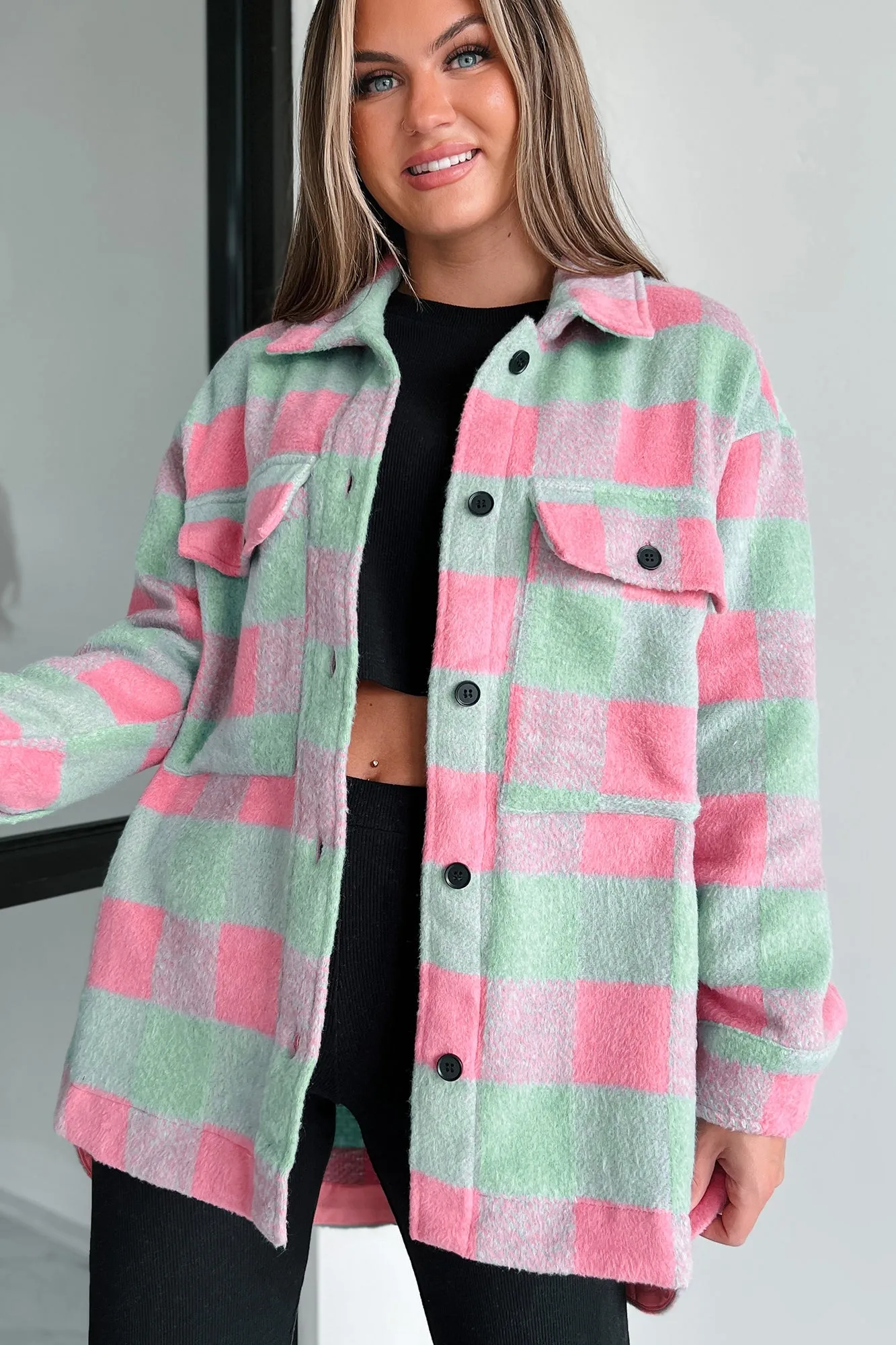 On Cloud Nine Long Plaid Shacket (Pink Multi)