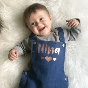 Personalised Name With Hearts Baby Denim Dungarees