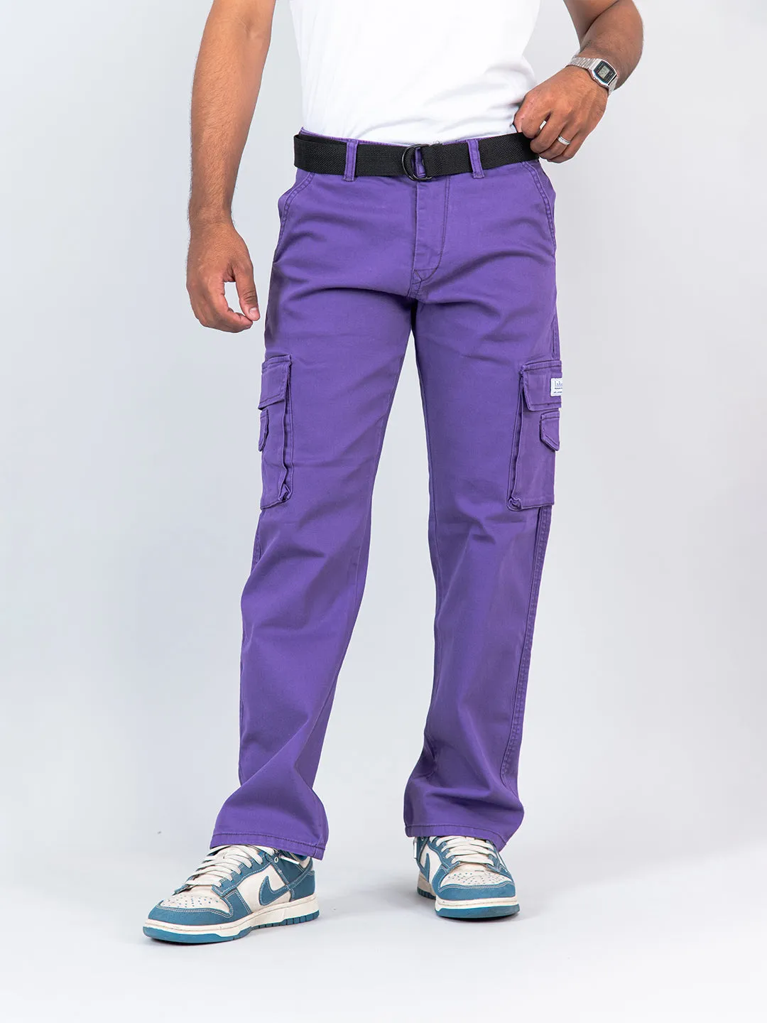 Purple Flared Straight Fit Cargo Pants